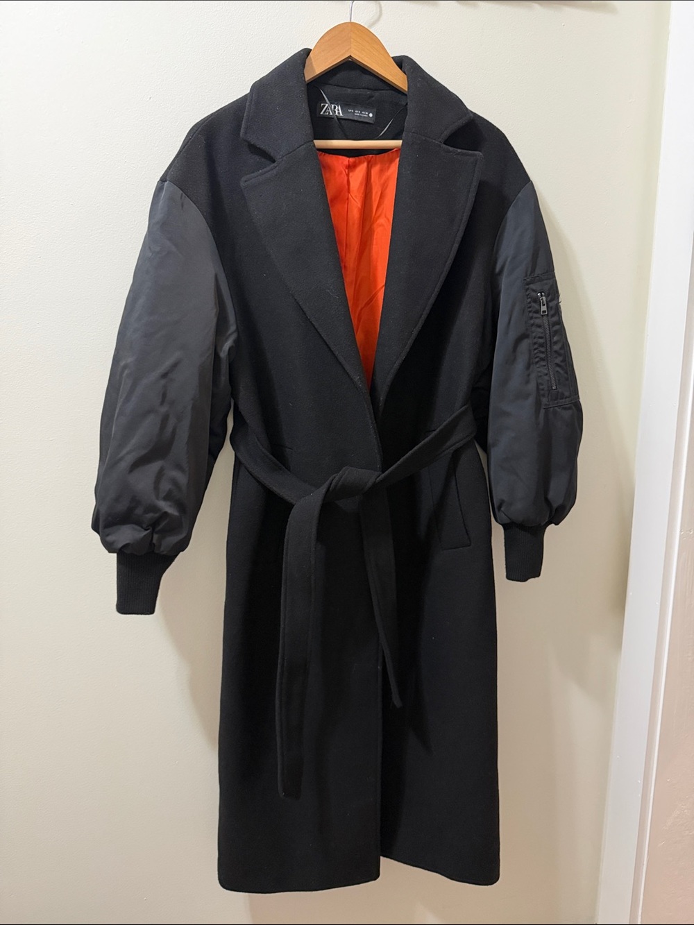 Zara Women Black Belted Coat with Puff Sleeve Details and Orange Lining Size S